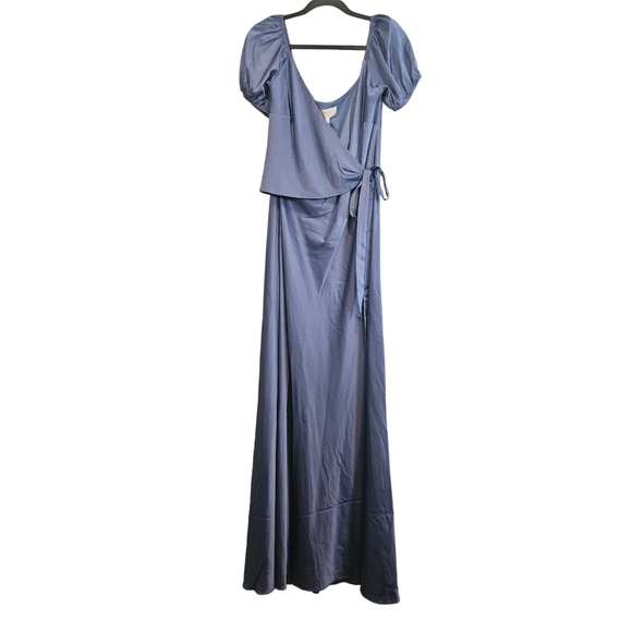 Wayf The Bea Blue Wrap Satin Wrap Maxi Dress - Picture 7 of 7